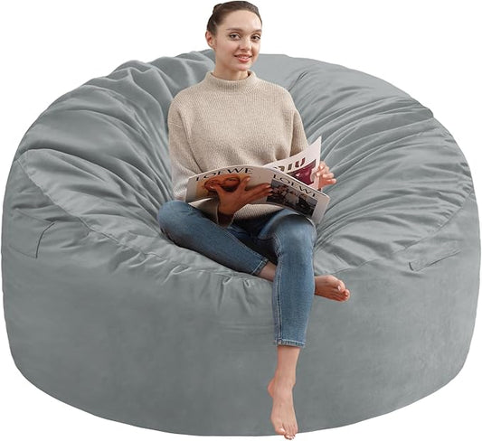 5FT Bean Bag Chair, Large Bean Bag Chairs with Memory Foam Filled, Fluffy Beanbag Sofa with Dutch Velvet Cover, Round BeanBag Chairs for Living Room, Playroom - Light Grey