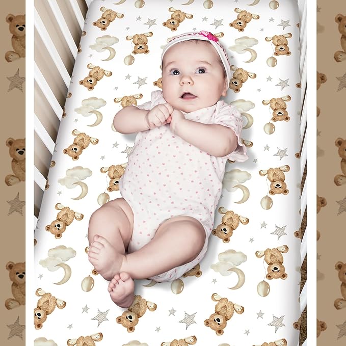 3 Pcs Baby Crib Bedding Set Safari Animals Dinosaurs Bear Woodland Animals Jungle Crib Set Includes Quilt, Fitted Sheet, Skirt for Baby Boy Girl(Brown,Teddy Bear)