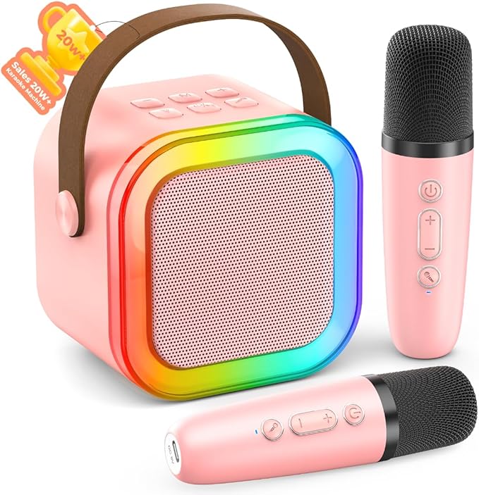 Karaoke Machine for Kids Adults, Portable Bluetooth Mini Karaoke Microphone Singing Speaker with 2 Mic and Light,Toys for All Smartphones,Birthday, Family,Home Party (Pink)