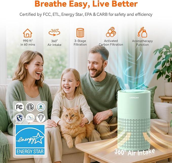 AIRROMI Air Purifier for Bedroom with HEPA 3-in-1 Filter, Pet Air Purifier for Home Cat Pee Smell, Covers Upto 990 Ft², Quiet 360°intake Air Cleaner for pet hair,allergies,Dust,Smoke A2001 Green