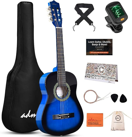 ADM Beginner Acoustic Classical Guitar Nylon Strings Wooden Guitar Bundle Kit for Kid Boy Girl Student Youth Guitarra Online Lessons with Gig Bag, Strap, Tuner, Strings, Picks (34 Inch, Blueburst)