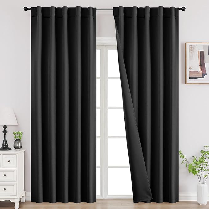 Joydeco 90 Inch Blackout Curtains for Bedroom,Thermal Insulated Black Out Curtains 2 Panels Set, Room Darkening Drapes for Living Room Window Rod Pocket Back Tab (W37 x L90 Inch, Black)