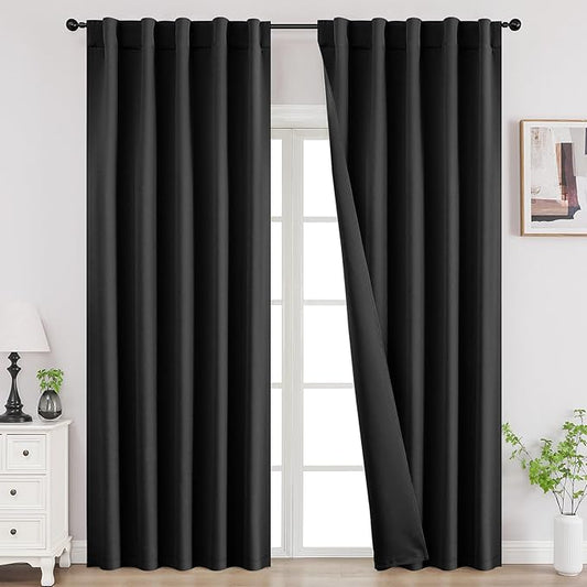 Joydeco Black Blackout Curtains 84 Inch Length 2 Panels Set, Thermal Insulated Privacy Curtains for Bedroom, Room Darkening Drapes for Living Room Window (W52 x L84 Inch, Black)