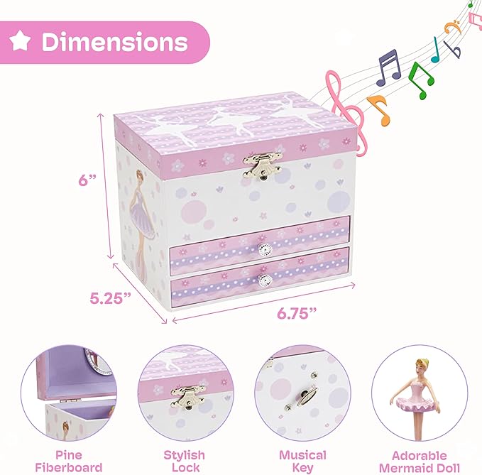 Jewelkeeper Jewelry Box for Girls with Ballerina and Music Box - Dual Drawers and Spacious Storage - Swan Lake Tune - White and Purple Jewelry Keepsake Chest - 6 x 6.75 x 5.25 Inches