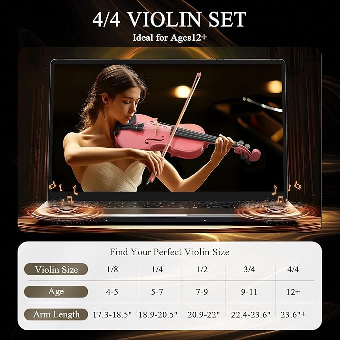 4/4 Beginner Violin for Adults, Complete Full Size Violin Kit with Portable Case, Bow, Rosin, Pink