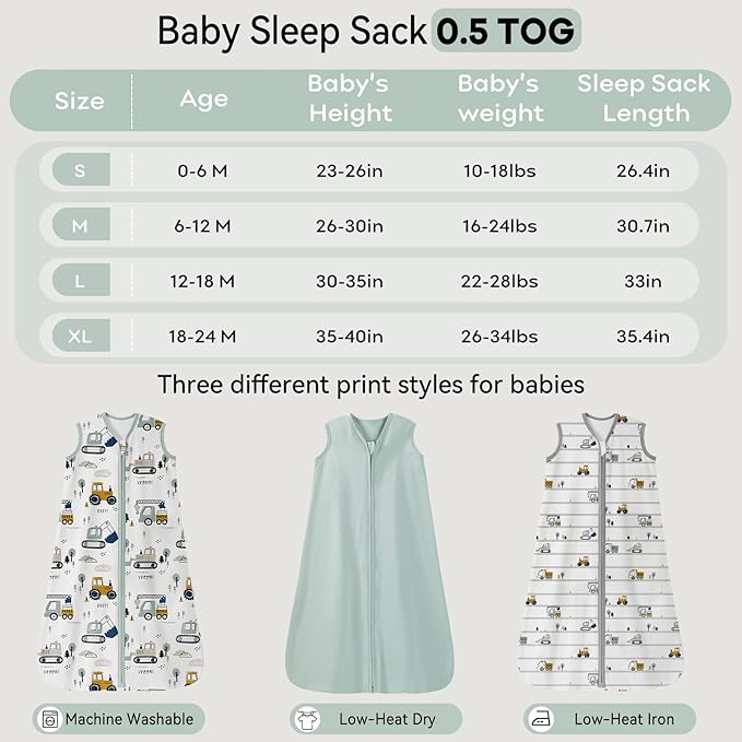 Baby Sleep Sack 18-24 Months 0.5 Tog Wearable Blanket Baby, 3 Pack 100% Cotton Lightweight Sleeping Sack with 2-Way Zipper for Infant Toddler Excavator
