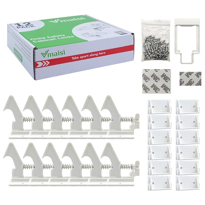 12 Pack Cabinet Locks Child Safety Latches - Vmaisi Baby Proofing Cabinets Drawer Lock with Adhesive Easy Installation - No Drilling or Extra Screws (White)