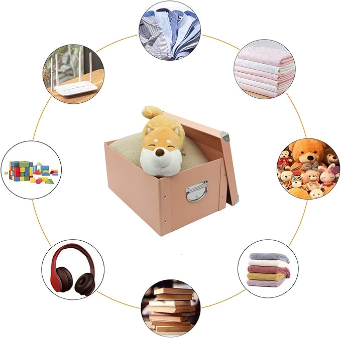 GUOZI Collapsible Storage Box, Decorative Memory Box with Lid & Metal Reinforced Corners, Cardboard File Bin with Handles, Organizer Gift Box for Keepsake Toy Photos Office Nursery Wardrobe Bookshelf