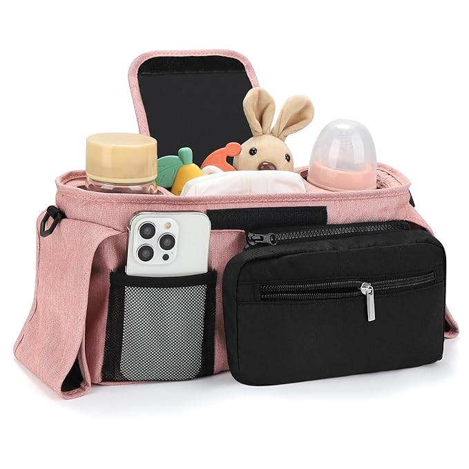Accmor Universal Stroller Organizer with Insulated Cup Holder Detachable Phone Bag and Shoulder Strap,Stroller Bag Caddy Organizer Fits for Uppababy, Baby Jogger, Britax Strollers