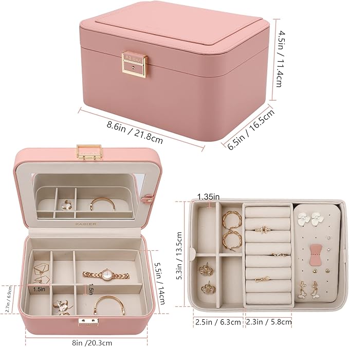KAMIER Jewelry Boxes for Women, 2 Layers PU Leather Travel Jewelry Box, Large Capacity, Double Lock and Large Mirror, Hidden Necklace Hooks, Removable Dividers, Gift Box Packaging, Pink