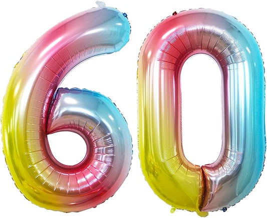GOER Number 60 Balloons for 60th Birthday Party Decorations,42 Inch Jumbo Foil Helium Balloons for 60th Anniversary (Rainbow)