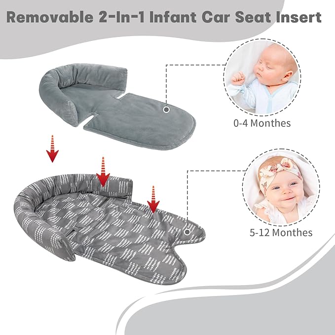 Infant Car Seat Insert, HNHUAMING Baby Car Seat Head & Body Support with 2 Strap Pads, Ultra Soft Newborn Preemie Carseat Insert Cushion for Girls Boys, Fits Car Seat, Stroller, Swing, Bouncer, Gray