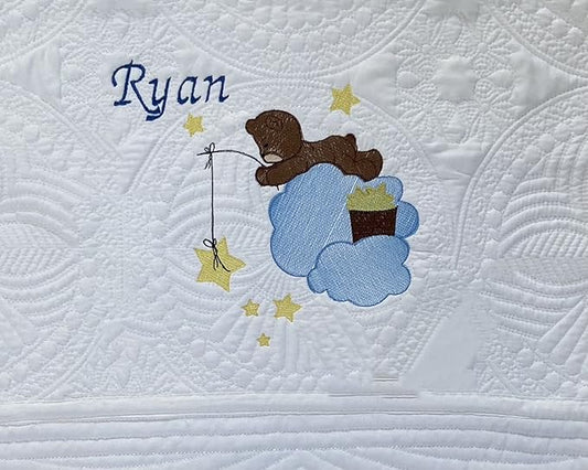 Personalized Baby Blanket Baby Quilt Monogrammed Blankets for Boys and Girls Embroidered Baby Gifts (Teddy Bear Stars)