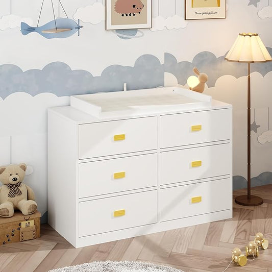6 Drawer Baby Dresser, Nursery Dresser with Changing Topper, Long Cabinet for Infant Cloth Organize, Changing Station for Nursery and Kids Bedroom Storage, White (45.3" W x 18.9" D x 30.1" H)