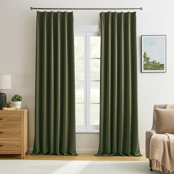 KEQIAOSUOCAI Olive Green Curtains Pinch Pleat wtih Hooks,Block Out Sound Reducing Light Blocking Window Drapes Thermal Curtain for Bedroom/Living Room 84 Inches Long, 40x84 2 PCs