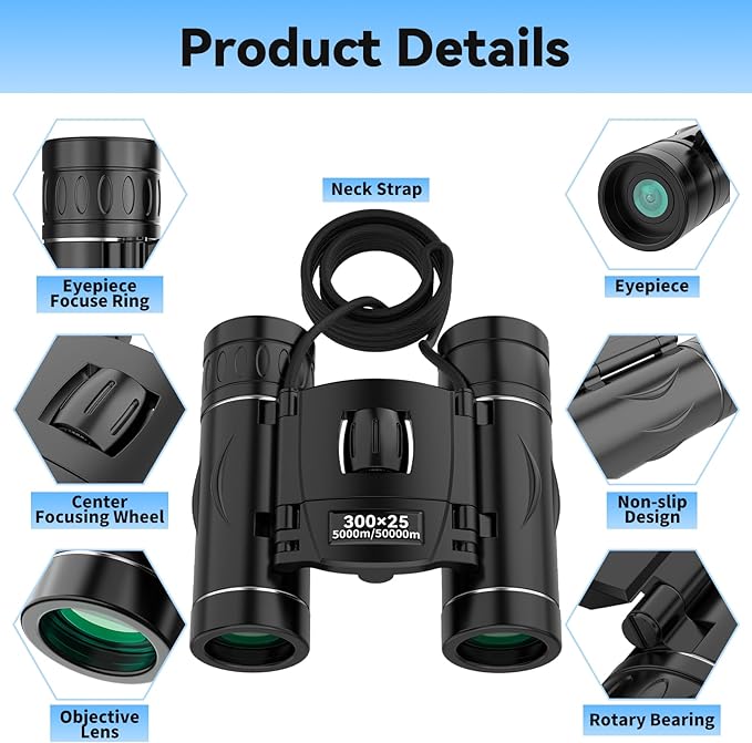 300x25 Binoculars for Adults and Kids, High Powered Mini Pocket Binoculars with Phone Adapter, Waterproof Compact Telescope for Bird Watching, Hunting, Concert, Theater, Opera, Traveling, Sightseeing