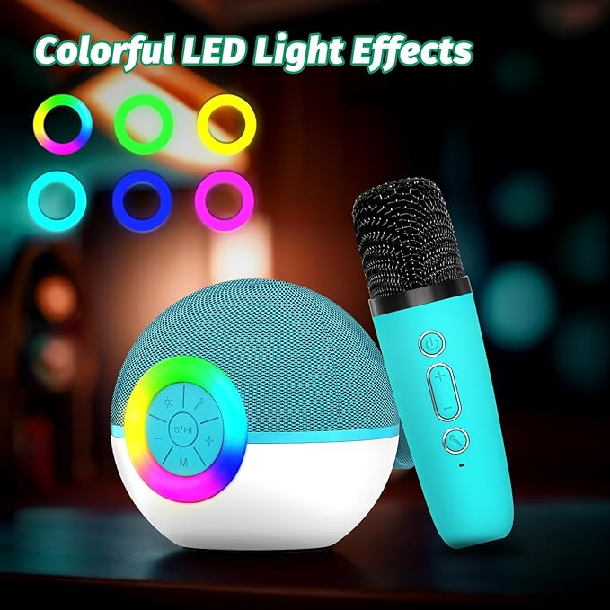 goopow Mini Karaoke Machine Speaker for Kids Adults, Portable Bluetooth Microphone Song Toys with LED Light, Best Chritmas Birthday Festival Gift for 3 4 5 6 7 8+ Year Old Girls Boys (Green-2MIC)