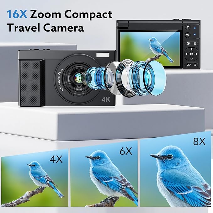 4K Digital Camera,64MP Camera for Photography with 3" 180° Flip Screen,16X Vlogging Camera for YouTube with 64GB Micro SD Card for Beginner, Teens