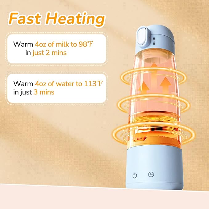 BEBOAN Portable Bottle Warmer for Travel On The Go, Portable Milk Warmer 5-Temp Setting with Lock 12oz Large Capacity, Cordless for Heating Breast Milk Charging with 55w Charger to Get Fast Charging