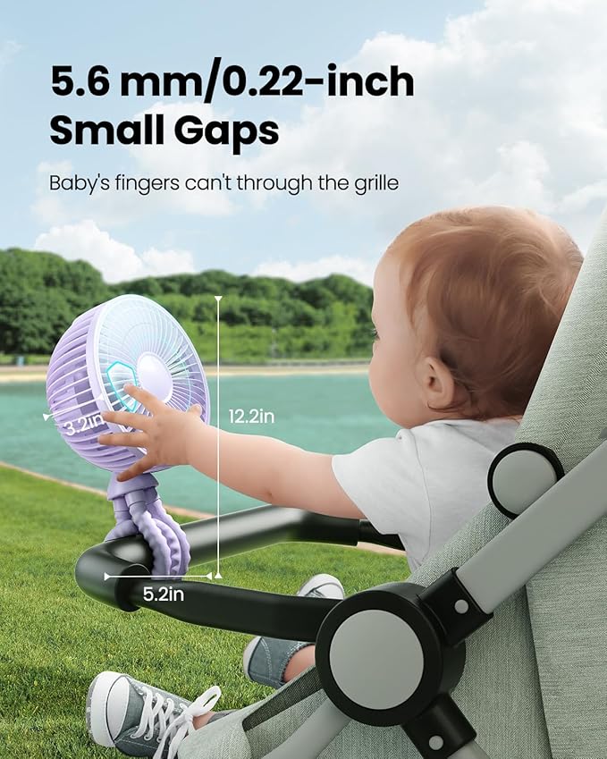 Gaiatop Oscillating Baby Stroller Fan with LED Night Light, 4 Speeds Cooling Rechargeable 360° Rotate Clip On, Battery Operated Small Portable Fans for Car Seat Crib Treadmill Travel