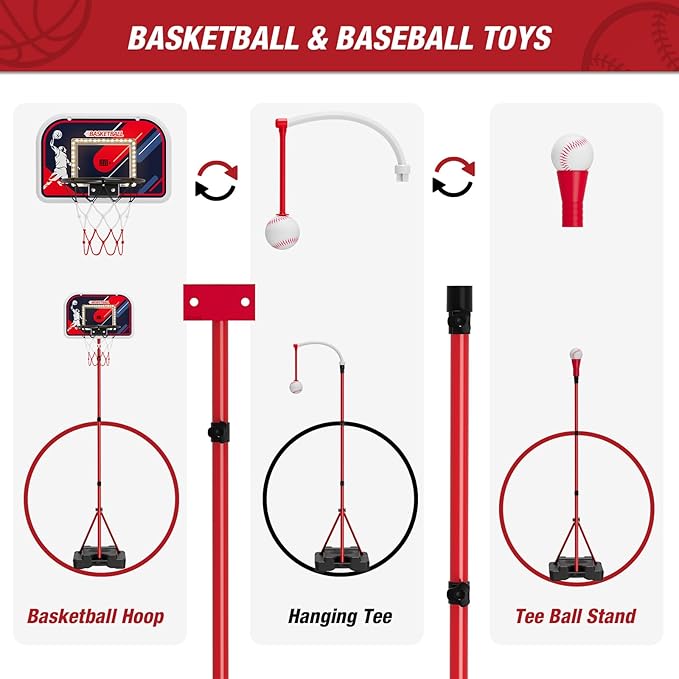 4 in 1 Kids Basketball Hoop and Tball Set for Toddlers 3-5, Basketball Goal with Scoreboard & LED, Hanging Tee Ball Stand with Baseball Pitching Machine, Indoor Outdoor Sport Toys for Boys 4-8