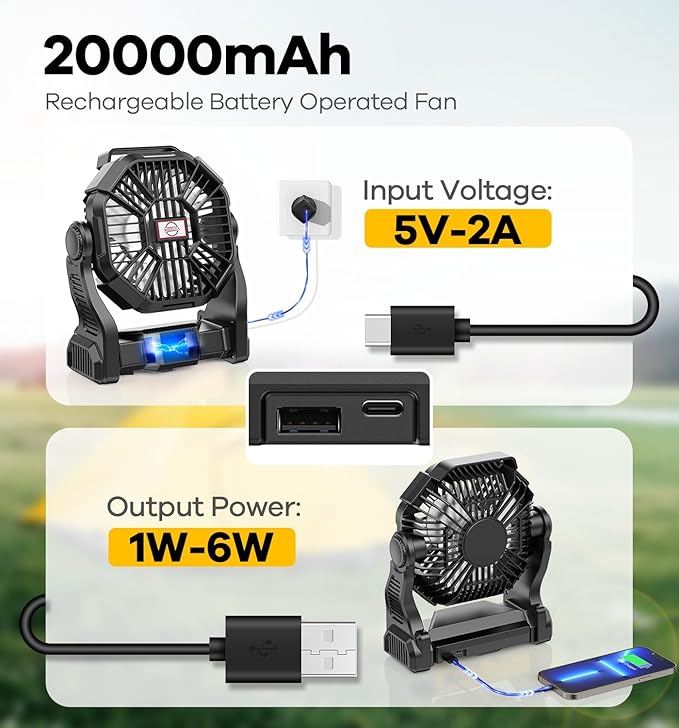 20000mAh Portable Battery Powered Camping Fan - with LED Light, Quiet Battery Operated, Camping Gear for Travel, Tent, Beach, Car or Hurricane Power Outages, Black