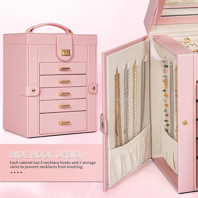 AKOZLIN Large Jewelry Box Organizer Functional with Big Mirror, Leather Jewelry Storage Case for Women Girls Ring Necklace Earring Bracelet Holder Organizer