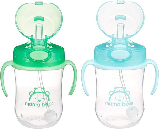Amazon Brand - Mama Bear Silicone Weighted Straw Sippy Cup, 9 Ounces, Pack of 2, Blue/Green