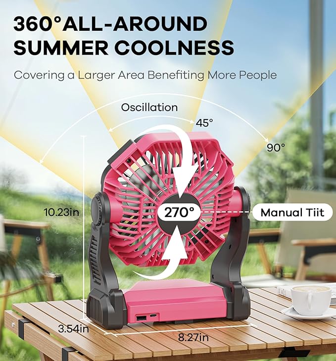 30000mAh Portable Battery Powered Camping Fan - with LED Light, Quiet Battery Operated, Camping Gear for Travel, Tent, Beach, Car or Hurricane Power Outages, Pink