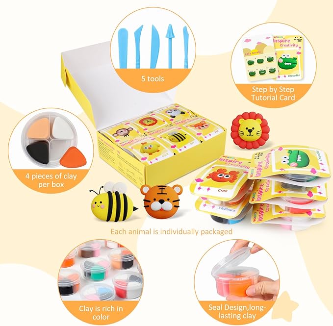 Air Dry Clay Kit for Kids, Modeling Magic Clay for Kids, Ultra Light & Soft, 12 Boxes DIY Animals Model with Step by Step Tutorial and 5 Sculpting Tools, Creative Art Crafts Toys Gifts for Girls Boys