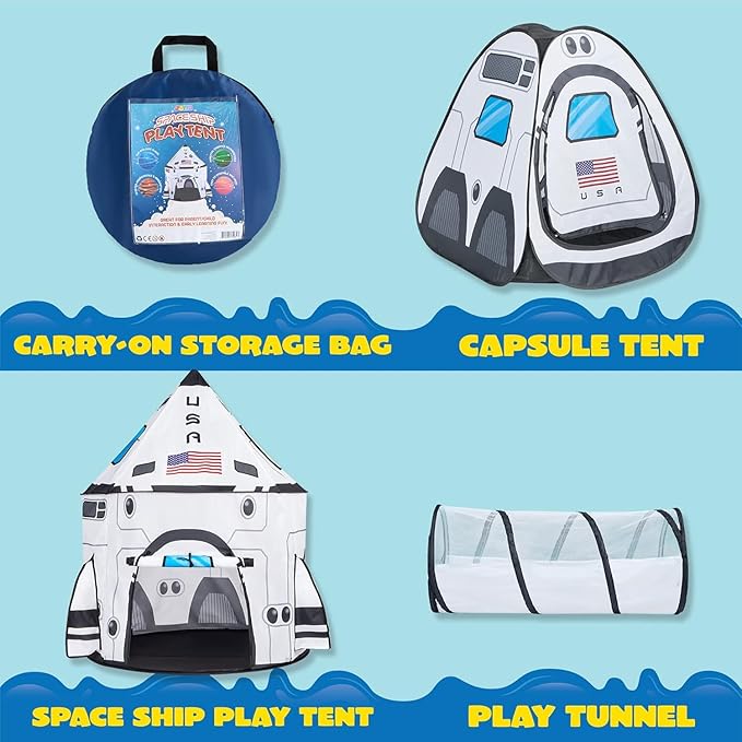 JOYIN White Rocket Ship Pop up Play Tent with Tunnel and Playhouse Kids Indoor Outdoor Spaceship Tent Set