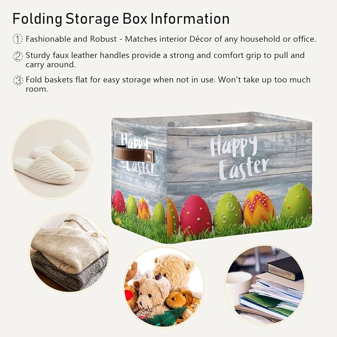 Happy Easter Eggs Storage Basket Cube Storage Bins Organizer Bag Collapsible Closet Shelf Baskets with handle for Baby Cloth Pet Toy Book 14.2×10.2×8.3 IN