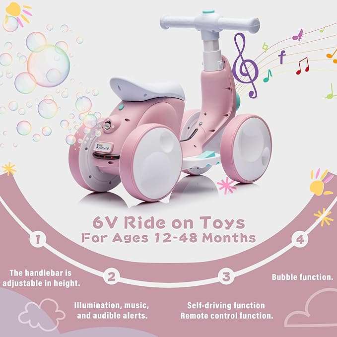6V Electric Baby Balance Bike with Bubble Machine,4 in 1 Toddler Balance Bike w/Remote Control for 1 Year Old Boys Girls Kids Bubble Bike Ride on Toys w/Powered Motor,Music,LED Lights (Pink)