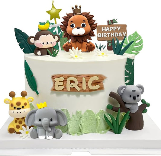 22PCS Safari Animal Cake Toppers & Wild One Birthday Decorations - Jungle Cake Topper with Leaves for Animal Themed Birthday Party Decorations, Safari Cake Decorations for Zoo Theme Cakes Accessories