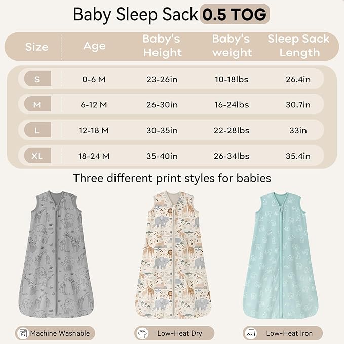 Baby Sleep Sack 0-6 Months 0.5 Tog Wearable Blanket Baby, 3 Pack 100% Cotton Lightweight Sleeping Sack with 2-Way Zipper for Newborn Infant Apricot Gray Green Elephant