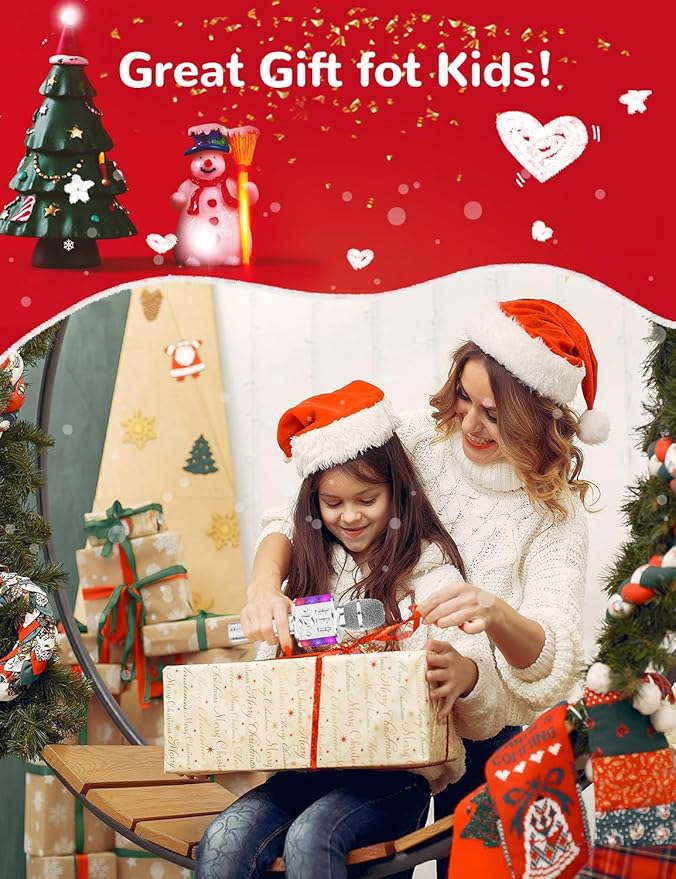 Amazmic Kids Karaoke Microphone Machine Toy Bluetooth Microphone Portable Wireless Karaoke Machine Handheld with LED Lights, Gift for Children Adults Birthday Party, Home KTV(Silver)