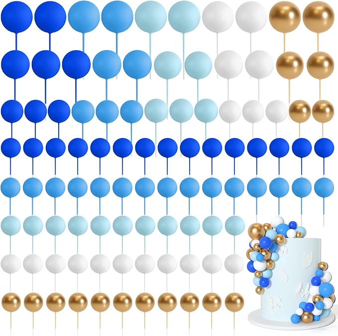 75 Pieces Cake Balls Topper Decorations Foam Cupcake Topper Mini Balloon Cake Topper Balls Cake Picks for Cake Deco Birthday Party Wedding（Blue Gold White Series）