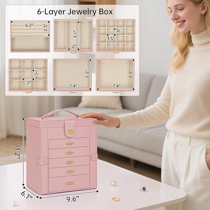 AKOZLIN 6-Tier Jewelry Box Organizer Functional 5 Drawers Leather Jewelry Storage Case for Women Girls Ring Necklace Earring Bracelet Holder Organizer with Mirror Pink