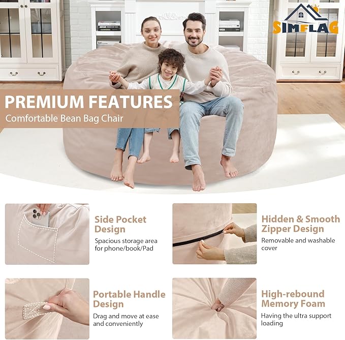 5FT Bean Bag Chair, Large Bean Bag Chairs with Memory Foam Filled, Fluffy Beanbag Sofa with Dutch Velvet Cover, Round BeanBag Chairs for Living Room, Playroom - Beige