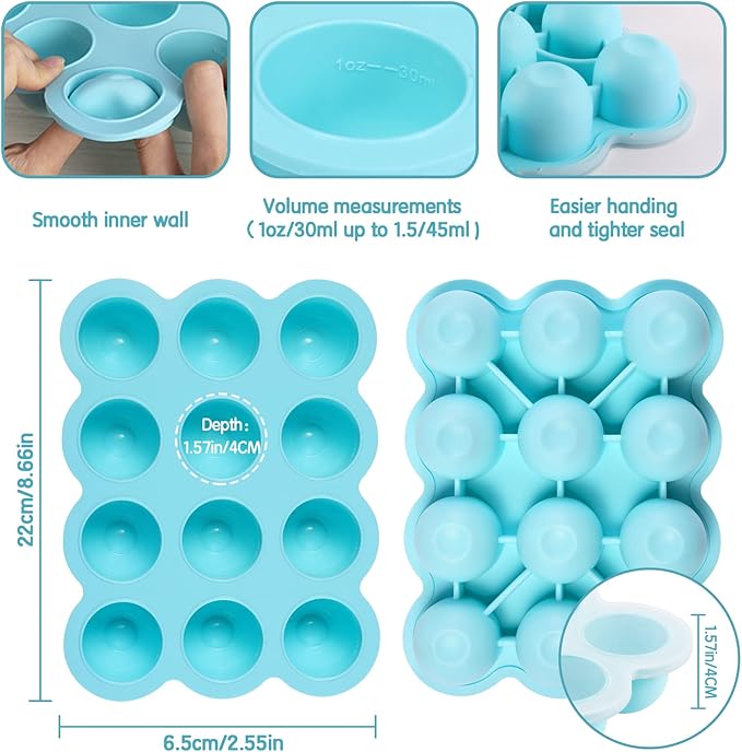 12x1.5oz Baby Food Freezer Tray with Clip Lid Light Green | Food Grade Silicone Storage Containers for Purees & Vegetables