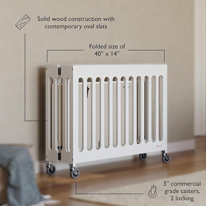 Foundations Boutique Folding Mini Baby Crib - Compact, Portable, Wooden Hotel Crib, Foldable Compact Cribs for Baby & Toddlers - Includes 3" Foam Mattress - White
