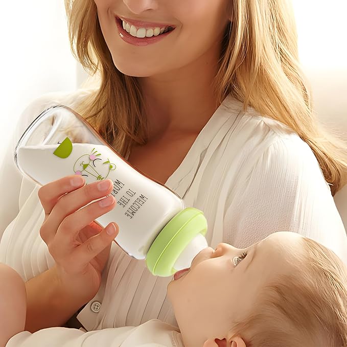 YOHKOH Natural Glass Baby Bottle with Natural Response Nipple, Newborn Anti-Colic Baby Bottles, Wide Neck Mushroom Cap Baby Bottle, Clear (8.8ounce (Pack of 2), Green1)