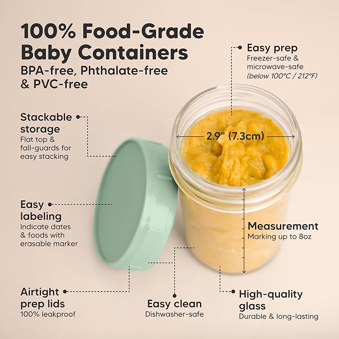 KeaBabies 4pk 8oz Glass Baby Food Containers with Lids - Leak-Proof, Microwavable Small Glass Jars, Baby Purees & Toddler Snack Storage Containers, BPA-Free, Dishwasher & Freezer Safe (Musk Dusk)