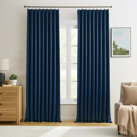 KEQIAOSUOCAI 2 PCs Navy Blue Pleat Wide Drapes for Sliding Glass Door 60 Wide x 95 Inch Long, Privacy Light Block Noise Reduce Insulated Ceiling to Floor for Locker Room Basement Bedroom Closet