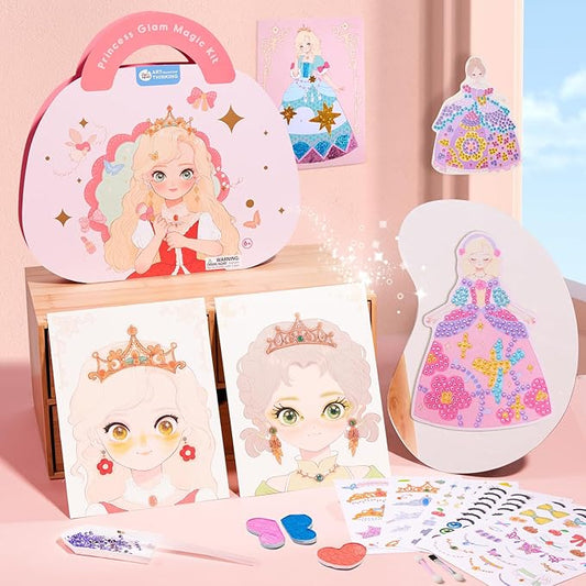 4 in 1 Princess Art Craft Kits, Foil Crafts Art Fun & Gem Painting, Makeup Diamond DIY Activity, Dress Up Sticker Books,Travel Toys, Ideal Toys for Girls Ages 6 7 8+ Years Old