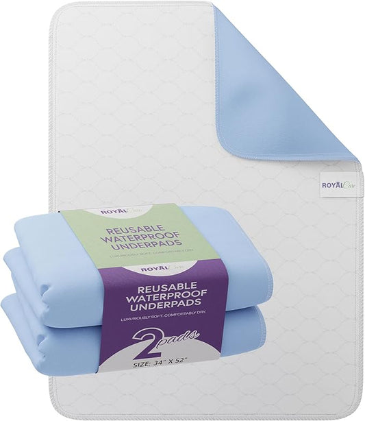 Incontinence Bed Pads - 2 Pack 34"x 52" Reusable Waterproof Mattress Protectors - Highly Absorbent, Machine Washable - for Children, Pets and Seniors - Blue - Royal Care