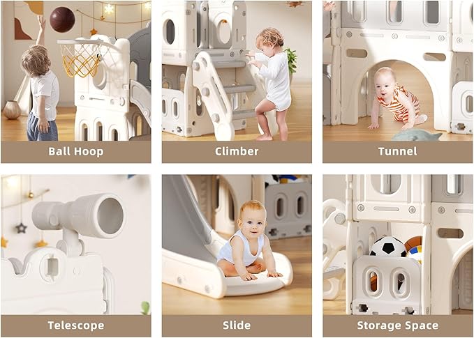 8 in 1 Toddler Slide Set, Kids Slide for Toddlers Age 1-3, Toddler Climber Slide PlaySet with Basketball Hoop,Outdoor Indoor Playground for Toddlers 1-3, White Gray