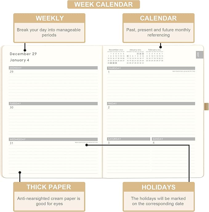 2026 Planner - JAN 2026 - DEC 2026, Planner 2026, Weekly and Monthly Planners, Leather Cover Planners with Thick Paper, Back Pocket with Notes Pages, Seashell Gold (8.5" x 11")