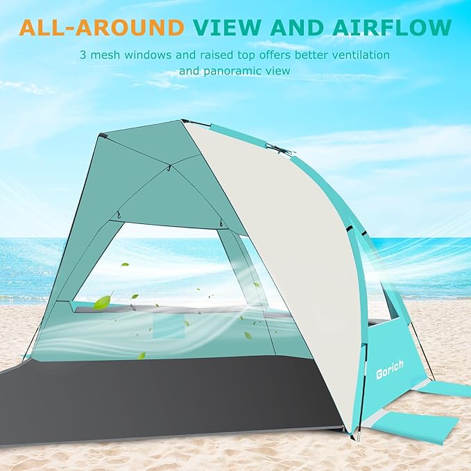 Gorich Portable Beach Tent for 3/4-5/6-7 Person with UPF 50+ UV Protection, Lightweight & Foldable Sun Shelter with 5 Sand Bags, Easy Setup Windproof Beach Umbrella Sun Shade