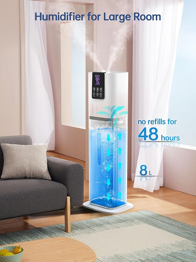 8L Smart Humidifiers for Bedroom Large Room, 2.1Gal Cool Mist Top Fill Diffuser Ambient Light, App & Remote Control, 3 Mist Modes, Quiet Humidifier for Home Office Plant (White)